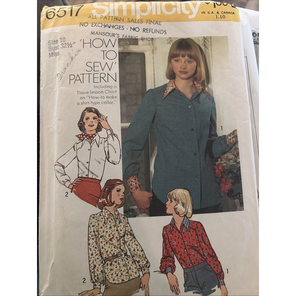 Vtg 70s Simplicity 6517 Pointed Collar Button Up Flannel Shirt Sewing Pattern 10